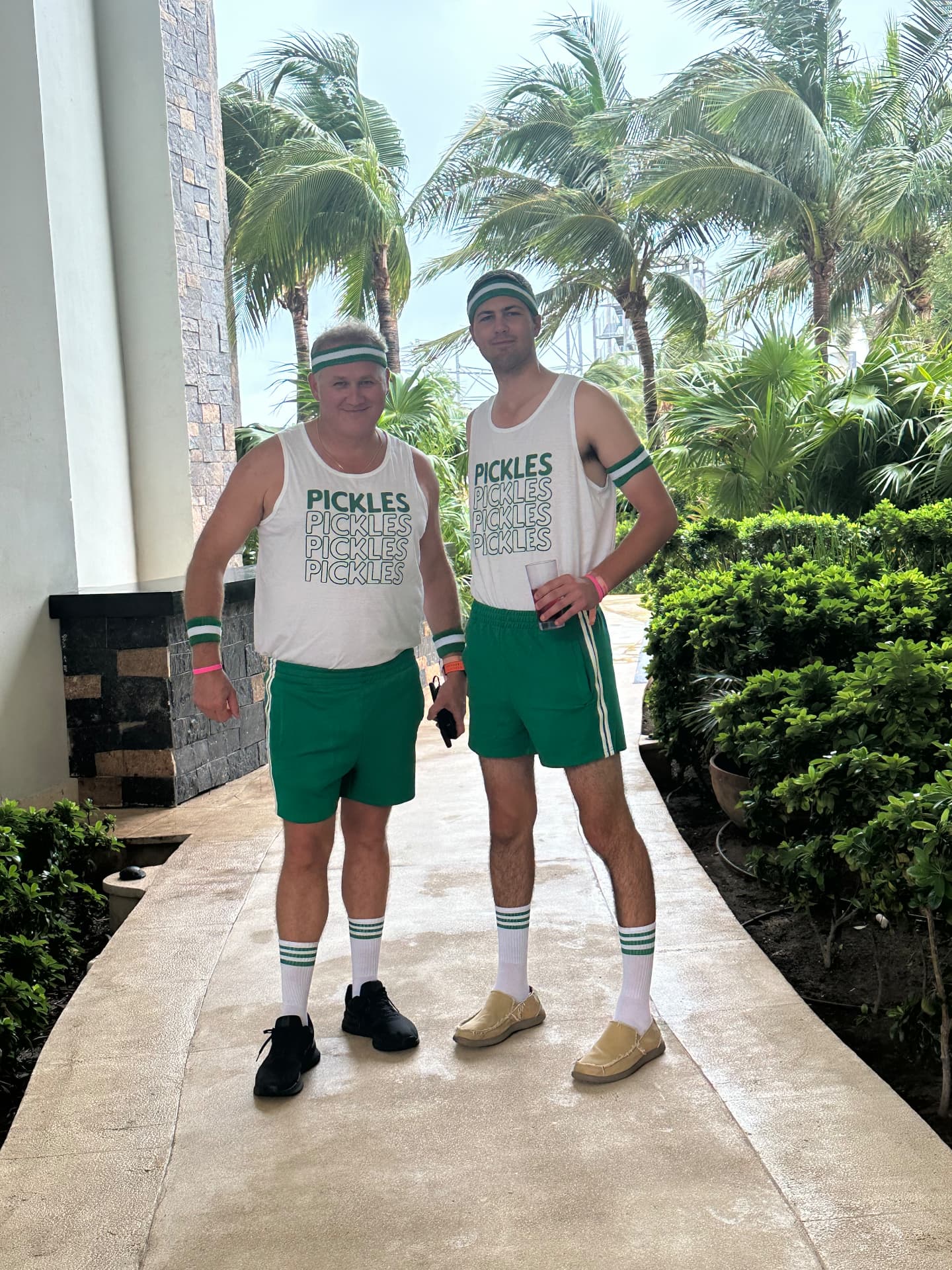 Team members in matching gear at a company retreat
