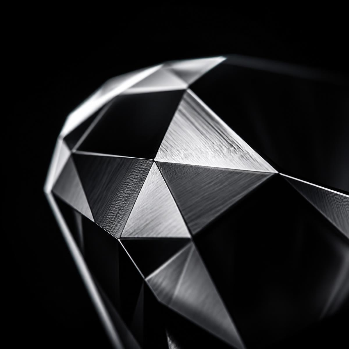 Macro photograph of a faceted black diamond catching cold light